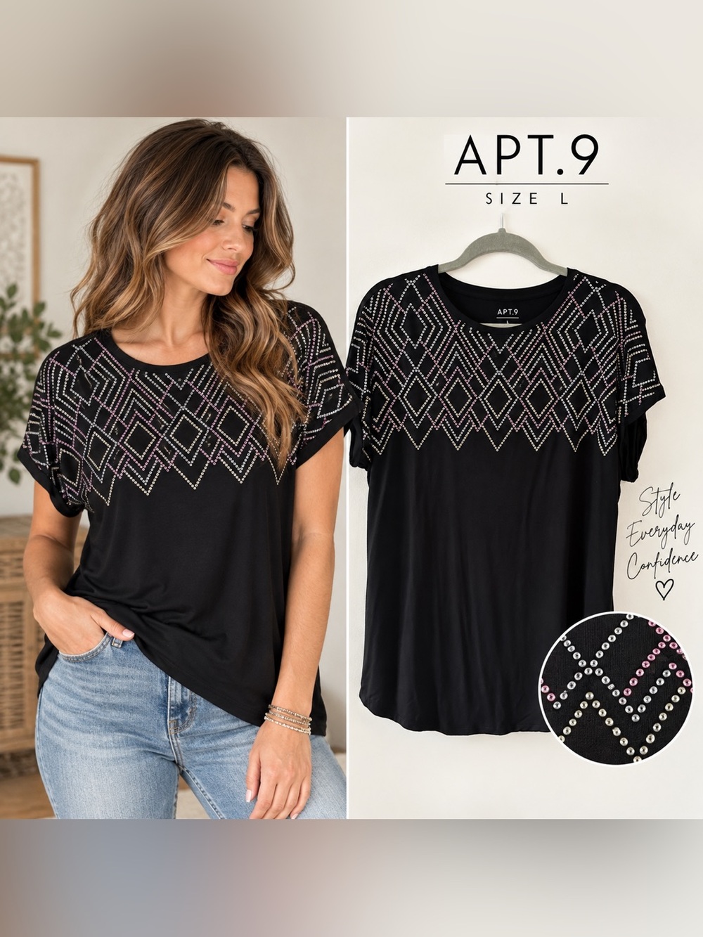 Apt. 9 Black Geometric Sequin Short Sleeve Top Size L NWT